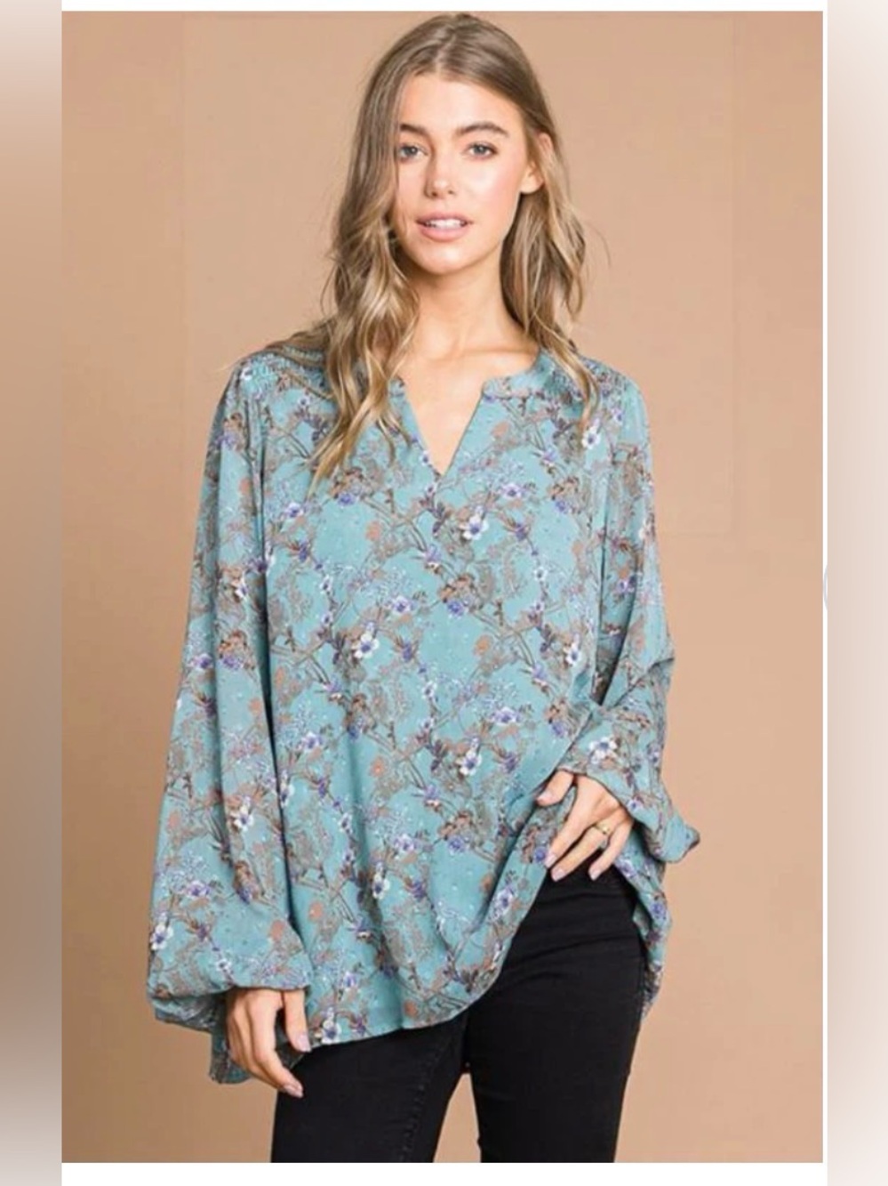 COTTON BLEU FLORAL LONG SLEEVE BOHEMIAN BLOUSE, LARGE